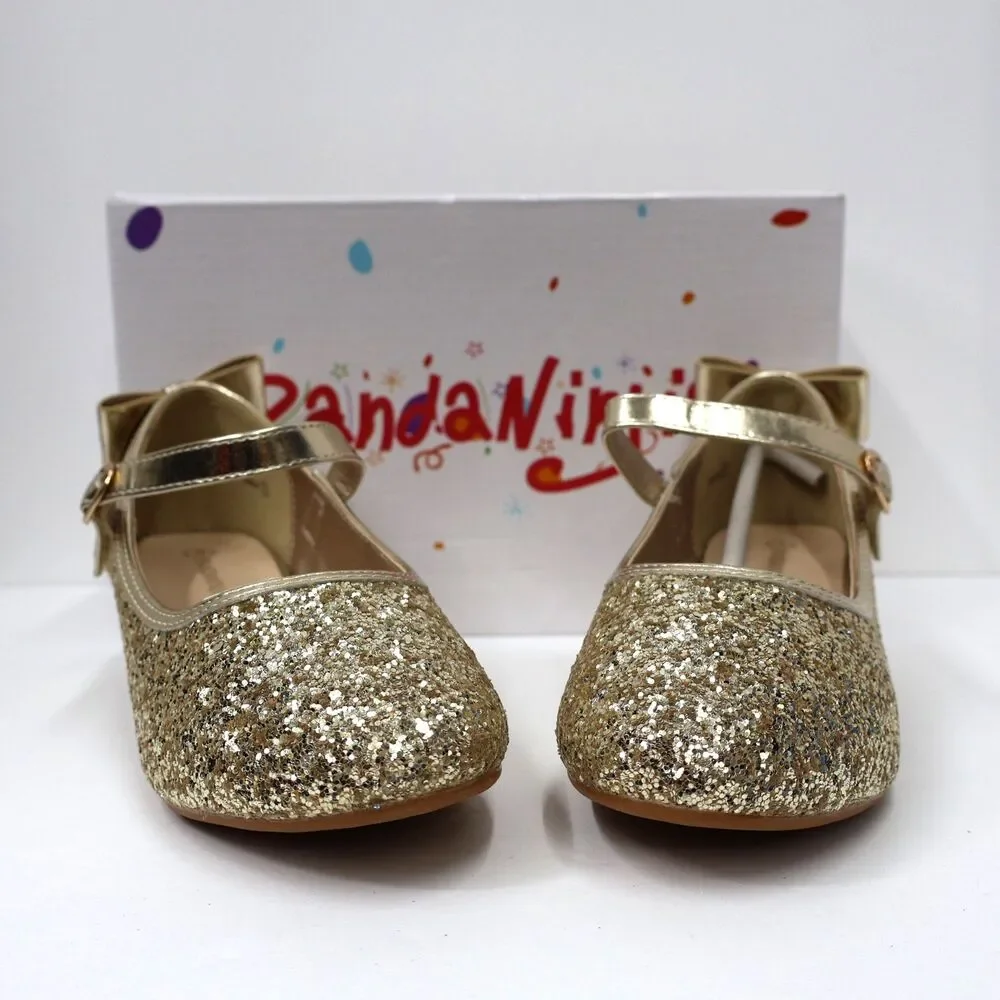 PANDANINJIA Girls Heels, Dress Shoes for Girls, Mary Jane Gold, Sequin SIZE 3